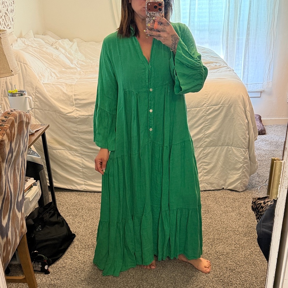 Green Tiered Button-Front Maxi Dress